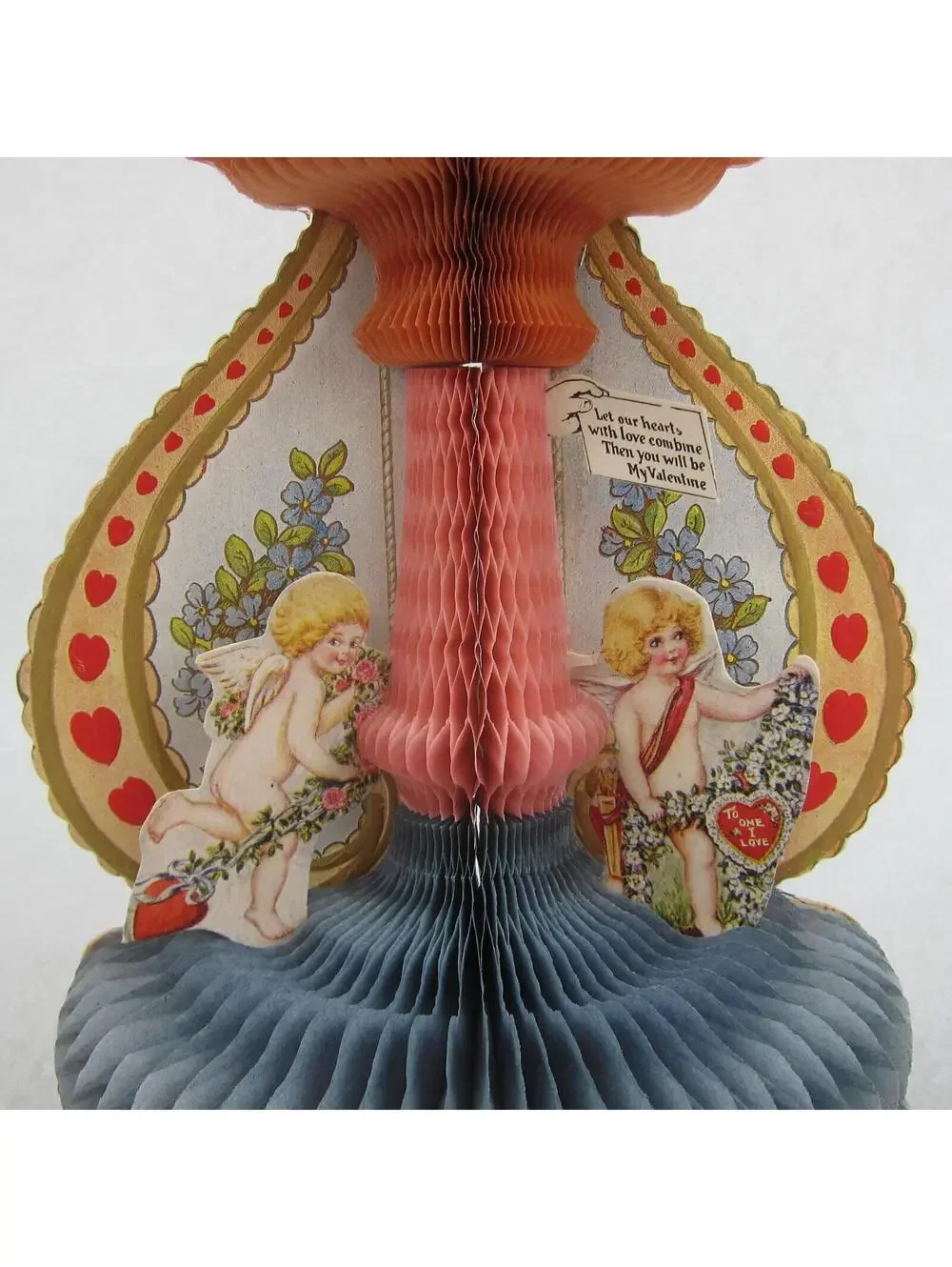 Antique Valentine Honeycomb 3D Pop Up Blonde Cupid Angels Hearts LARGE UNSIGNED